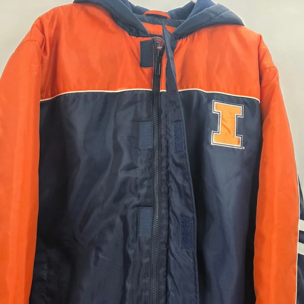 VINTAGE 90S ILLINOIS FIGHTING ILLINI PUFFER JACKET MENS LARGE BLUE ORANGE NEW!!